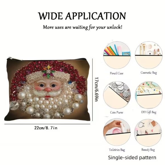 Christmas Winter Festive Santa w Pearls Travel Makeup Bag Double Sided Printed - Picture 2 of 2